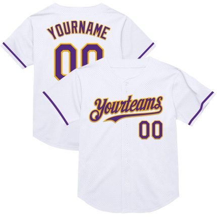 Customizable Authentic Throwback Baseball Jersey - White Purple Gold - Personalized Name & Number Personalized White Purple-Gold