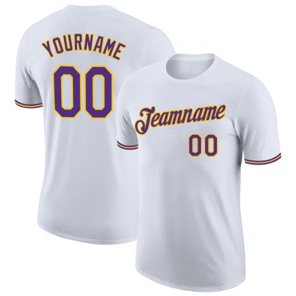 Custom Name and Number Performance T-Shirt for Teams - Personalized White Purple-Gold Tee Personalized White Purple-Gold