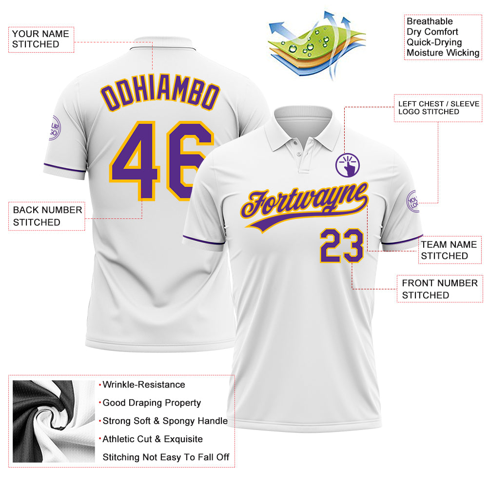 Personalized White Purple-Gold Performance Vapor Golf Polo Shirt Team Custom Name and Number Custom Name Number Vapor Golf Polo Shirt White Purple Gold Performance Fit Personalized White Purple-Gold Performance Vapor - Image 3