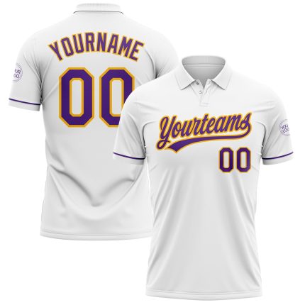 Custom Name Number Vapor Golf Polo Shirt White Purple Gold Performance Fit Personalized White Purple-Gold Performance Vapor
