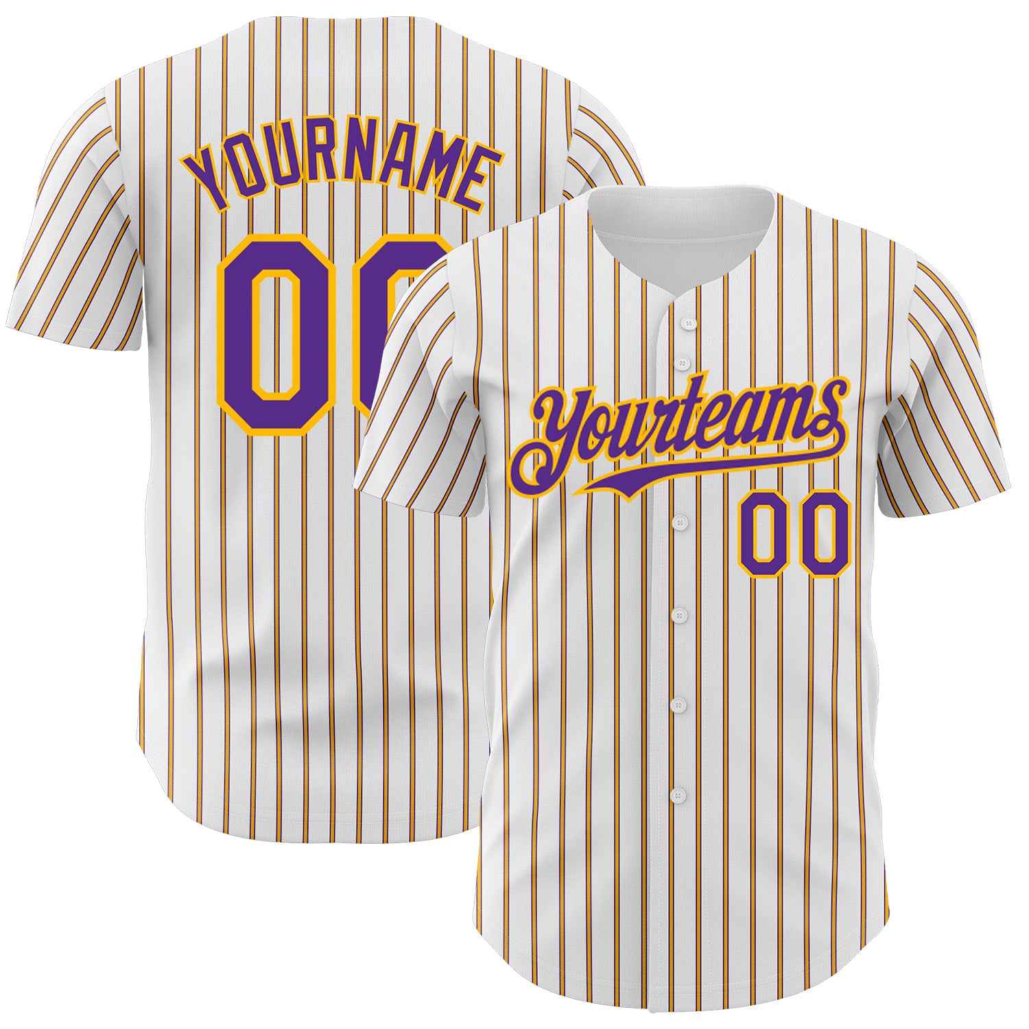 Custom Purple Gold Pinstripe Baseball Jersey with Personalized Name & Number - Authentic Team Apparel Personalized White