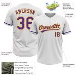 Personalized Unisex Softball Jersey in White and Purple-Gold, Two-Button Design Personalized White Purple-Gold Two-Button