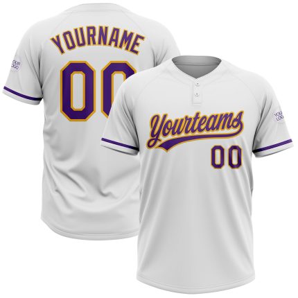Personalized Unisex Softball Jersey in White and Purple-Gold, Two-Button Design Personalized White Purple-Gold Two-Button