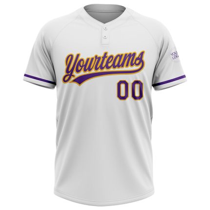 Personalized Unisex Softball Jersey in White and Purple-Gold, Two-Button Design Personalized White Purple-Gold Two-Button