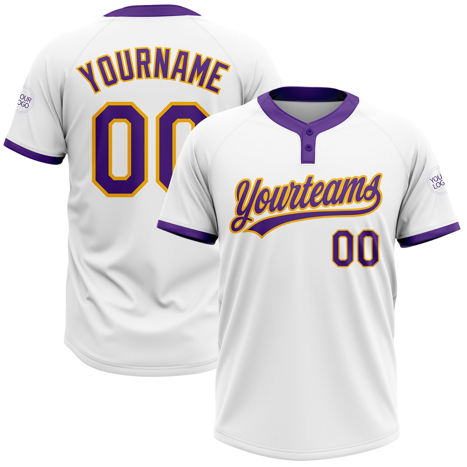 Custom Softball Jersey with Personalized Name and Number, White Purple-Gold Unisex Two-Button Design Personalized White Purple-Gold