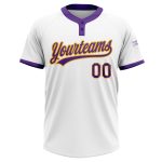 Custom Softball Jersey with Personalized Name and Number, White Purple-Gold Unisex Two-Button Design Personalized White Purple-Gold