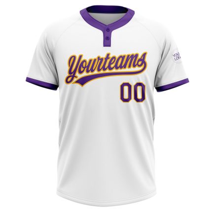Custom Softball Jersey with Personalized Name and Number, White Purple-Gold Unisex Two-Button Design Personalized White Purple-Gold