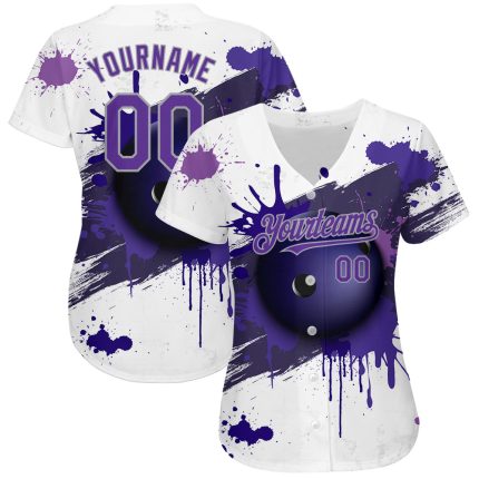 Custom Name and Number 3D Pattern Bowling Ball Baseball Jersey - Personalized White Purple-Gray Design Personalized White
