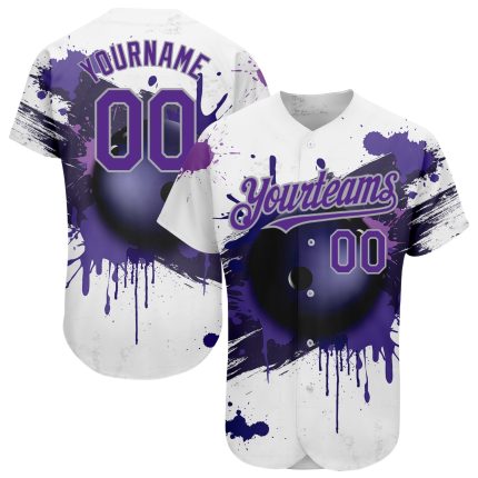 Custom Name and Number 3D Pattern Bowling Ball Baseball Jersey - Personalized White Purple-Gray Design Personalized White