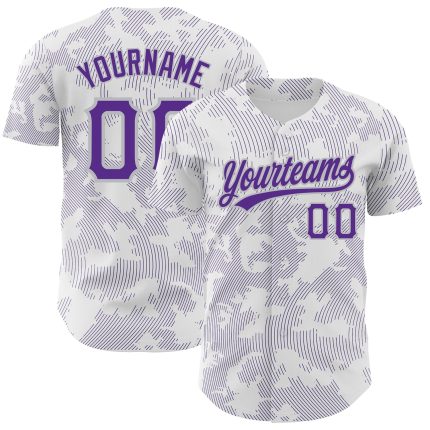 Custom Name and Number Baseball Jersey - Personalized 3D Curve Lines Design in White, Purple, and Gray, Authentic Team Apparel