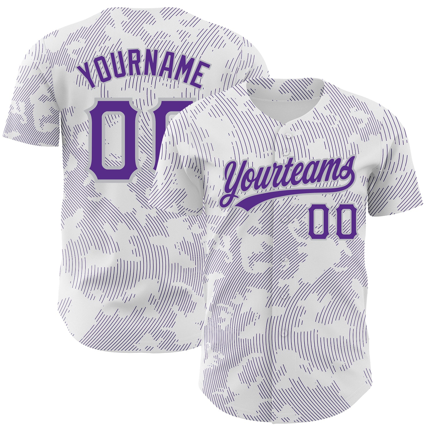 Custom Name and Number Baseball Jersey - Personalized 3D Curve Lines Design in White, Purple, and Gray, Authentic Team Apparel