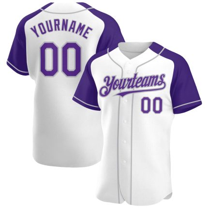 Custom Name and Number Baseball Jersey - Personalized Authentic Raglan Sleeves in White Purple-Gray Personalized White Purple-Gray