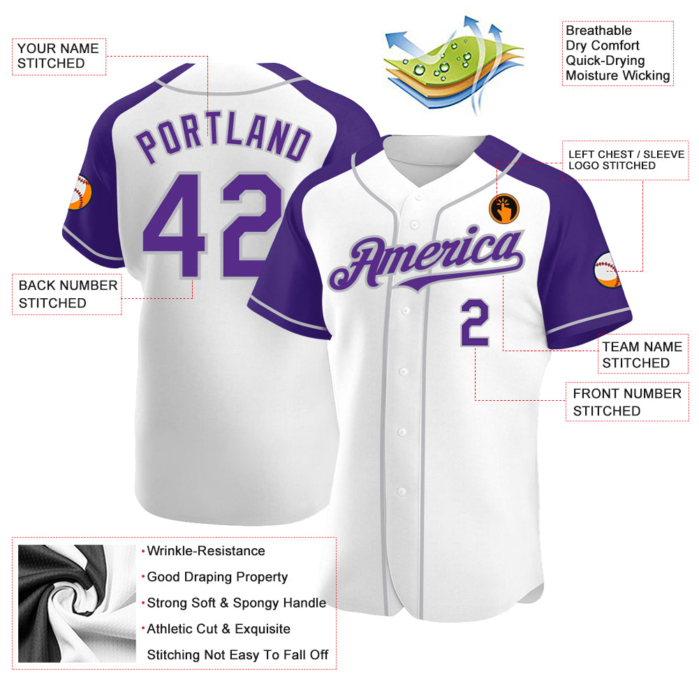 Personalized White Purple-Gray Authentic Raglan Sleeves Baseball Jersey Team Custom Name and Number Custom Name and Number Baseball Jersey - Personalized Authentic Raglan Sleeves in White Purple-Gray Personalized White Purple-Gray - Image 3