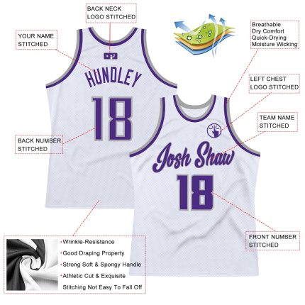 Custom Basketball Jersey with Personalized Name and Number, Authentic Throwback Style in White Purple-Gray Colors Personalized