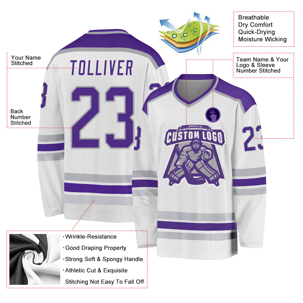 Personalized White Purple-Gray Hockey Jersey Customizable Hockey Jersey in White Purple and Gray, Personalized Design Personalized White Purple-Gray Hockey Jersey - Image 3