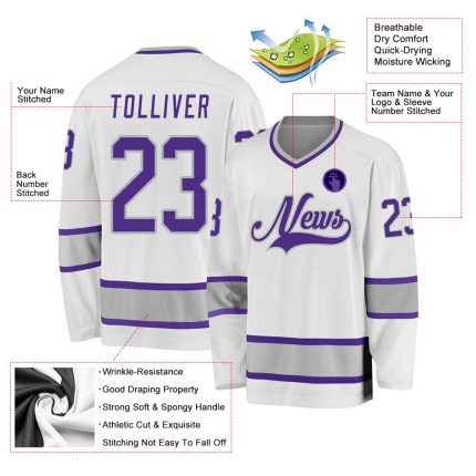 Custom Name and Number Hockey Jersey - Personalized White Purple-Gray Team Jersey Personalized White Purple-Gray Hockey Jersey