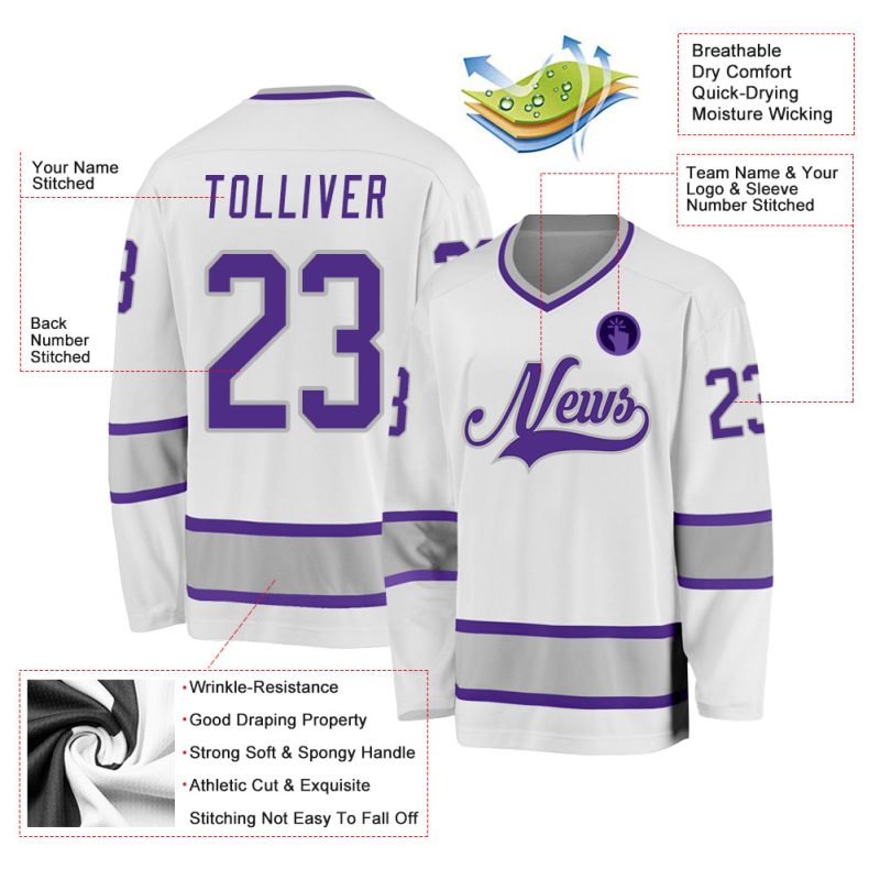 Custom Name and Number Hockey Jersey - Personalized White Purple-Gray Team Jersey Personalized White Purple-Gray Hockey Jersey