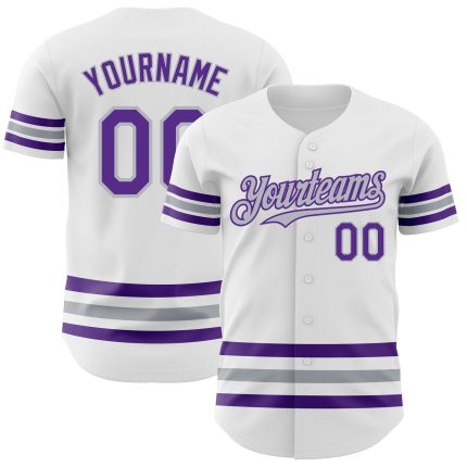 Custom Name and Number Authentic Baseball Jersey - Personalized White Purple-Gray Line Design Personalized White Purple-Gray