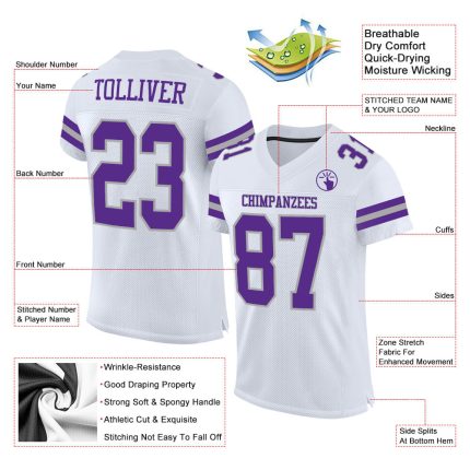 Custom Personalized Football Jersey with Name & Number - White Purple-Gray Mesh Authentic Personalized White Purple-Gray