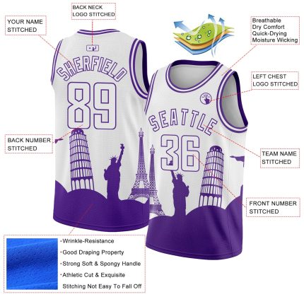 Personalized Holiday Travel Basketball Jersey - White Purple City Edition with Custom Name and Number Personalized White