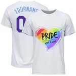 Personalized LGBT Pride T-Shirt - Custom Name & Number, Rainbow Heart Design in White, Purple & Light Blue for Team Spirit