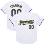 Custom Name and Number Personalized Baseball Jersey - White Purple Neon Green Mesh Authentic Throwback Design Personalized