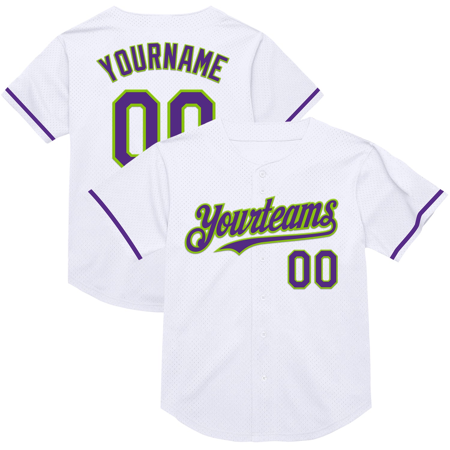 Custom Name and Number Personalized Baseball Jersey - White Purple Neon Green Mesh Authentic Throwback Design Personalized