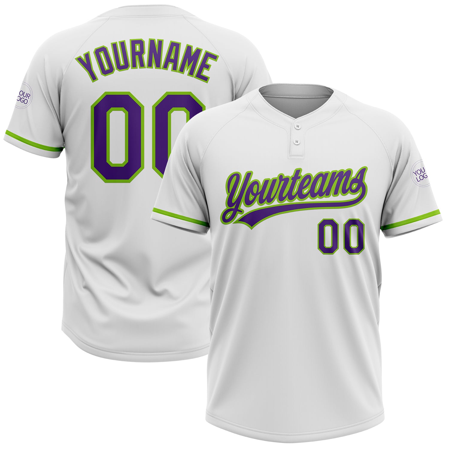 Custom Team Softball Jersey with Name and Number, Personalized White Purple Neon Green, Unisex Two-Button Design Personalized