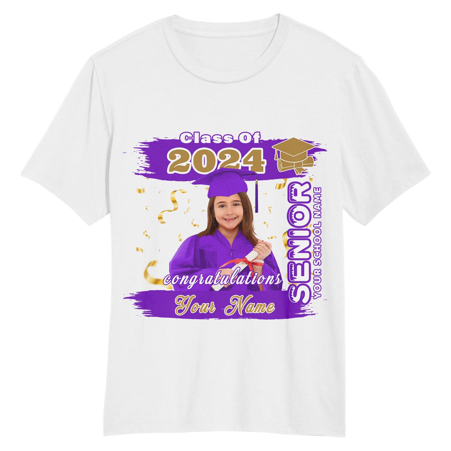 Custom Name Number 3D Graduation T-Shirt for Team - Personalized White Purple Old Gold Design Personalized White Purple-Old