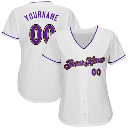 Custom Name and Number Authentic Baseball Jersey - Personalized White Purple Gold Design Personalized White Purple-Old Gold