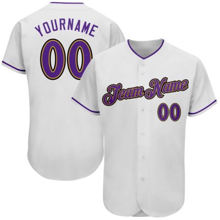 Custom Name and Number Authentic Baseball Jersey - Personalized White Purple Gold Design Personalized White Purple-Old Gold