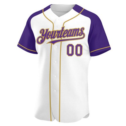 Personalized Custom Baseball Jersey with Name & Number in White, Purple & Old Gold Raglan Sleeves Personalized White Purple-Old