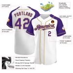 Personalized Custom Baseball Jersey with Name & Number in White, Purple & Old Gold Raglan Sleeves Personalized White Purple-Old