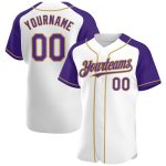 Personalized Custom Baseball Jersey with Name & Number in White, Purple & Old Gold Raglan Sleeves Personalized White Purple-Old