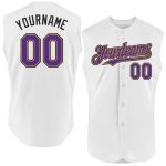 Customizable Authentic Sleeveless Baseball Jersey - Personalized White Purple Old Gold-Black with Custom Name and Number