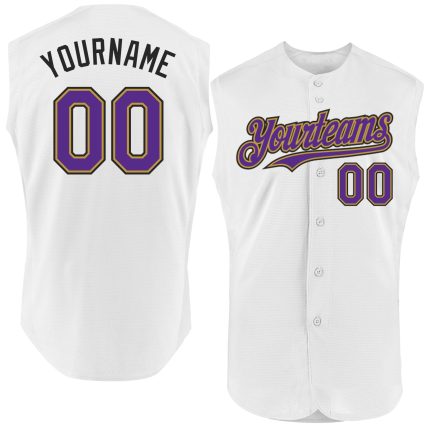 Customizable Authentic Sleeveless Baseball Jersey - Personalized White Purple Old Gold-Black with Custom Name and Number