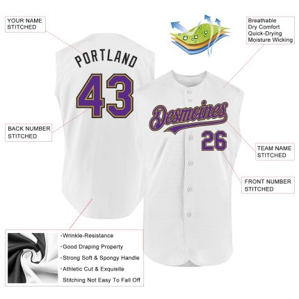 Customizable Authentic Sleeveless Baseball Jersey - Personalized White Purple Old Gold-Black with Custom Name and Number