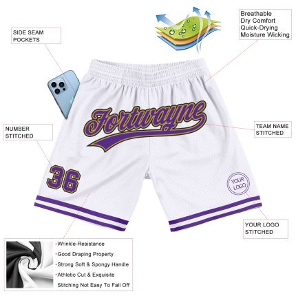 Custom Name Number Basketball Shorts - Personalized White Purple Old Gold-Black Authentic Throwback Style Personalized White