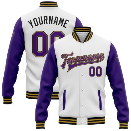 Customizable Varsity Letterman Jacket - White Purple Black Two Tone Bomber with Team Name and Number Personalized White Purple