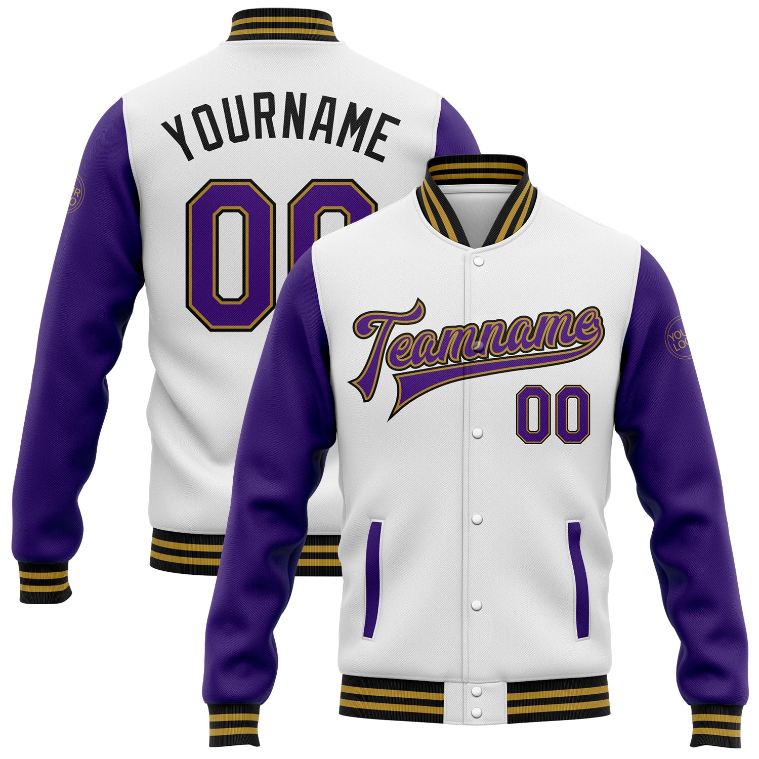 Customizable Varsity Letterman Jacket - White Purple Black Two Tone Bomber with Team Name and Number Personalized White Purple