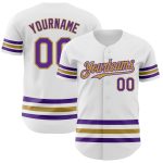 Custom Name and Number Personalized Baseball Jersey - White Purple Gold Line Authentic Design Personalized White Purple-Old
