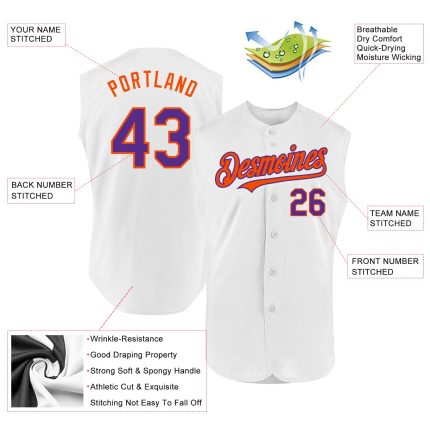 Custom Name and Number Personalized Sleeveless Baseball Jersey in White, Purple, and Orange - Authentic Team Apparel Personalized