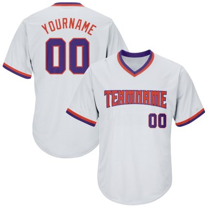 Custom Name and Number Authentic Baseball Jersey Shirt - Personalized White Purple-Orange Rib-Knit Throwback Design Personalized