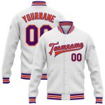 Custom Name and Number Varsity Letterman Jacket - Personalized White Purple Orange Bomber Full-Snap Design Personalized White