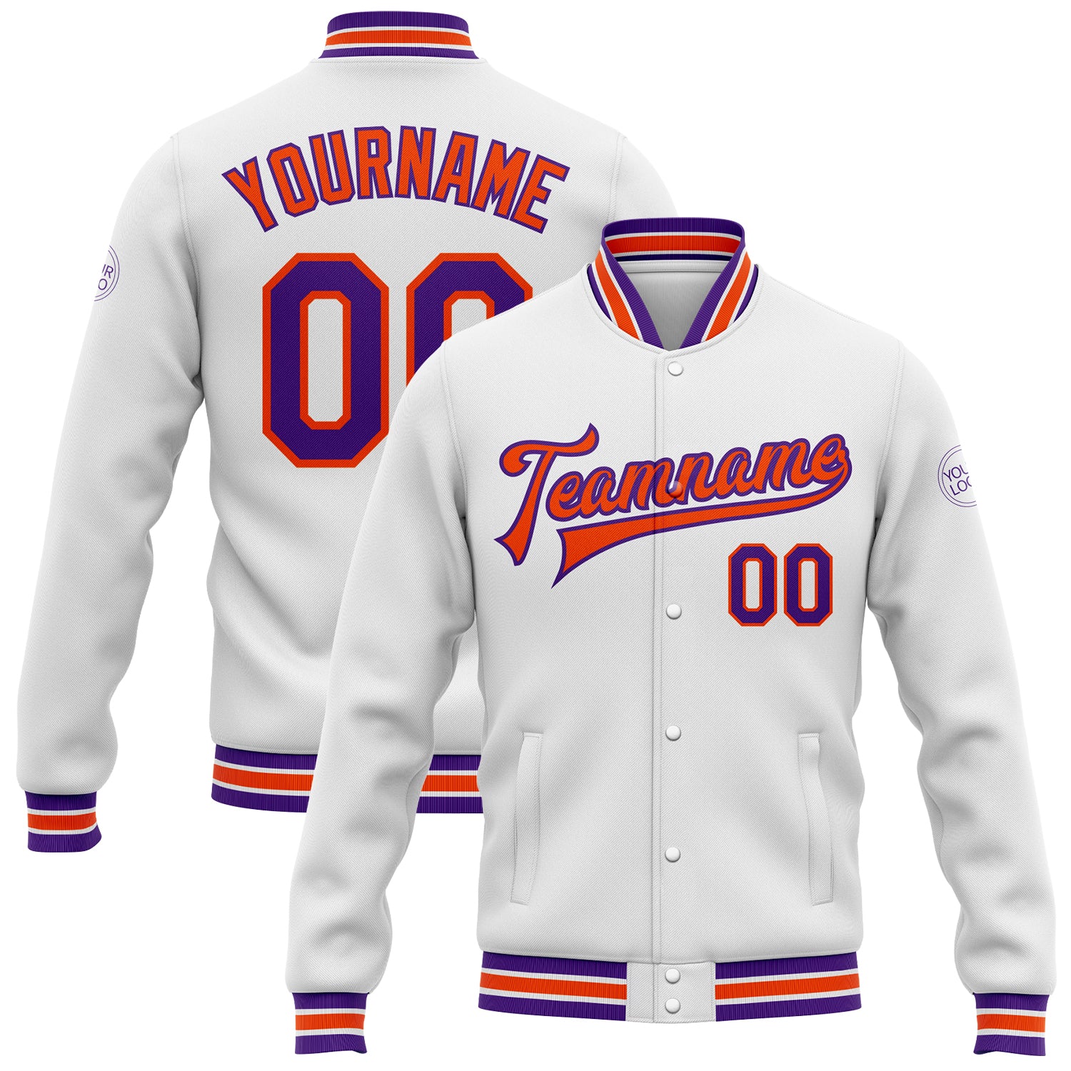 Custom Name and Number Varsity Letterman Jacket - Personalized White Purple Orange Bomber Full-Snap Design Personalized White
