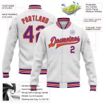 Custom Name and Number Varsity Letterman Jacket - Personalized White Purple Orange Bomber Full-Snap Design Personalized White