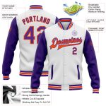 Personalized Varsity Letterman Jacket White Purple Orange Two Tone Full-Snap Bomber Design Personalized White Purple-Orange