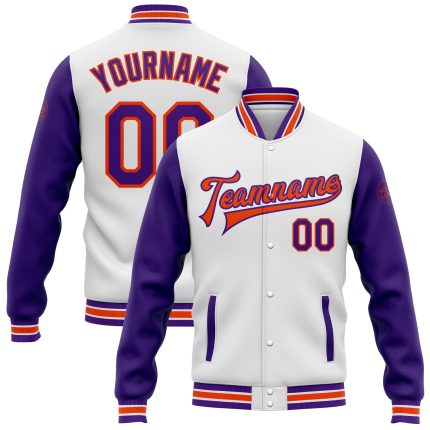 Personalized Varsity Letterman Jacket White Purple Orange Two Tone Full-Snap Bomber Design Personalized White Purple-Orange