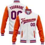 Custom Name and Number Two Tone Bomber Varsity Letterman Jacket - White Purple Orange Personalized White Purple-Orange Bomber