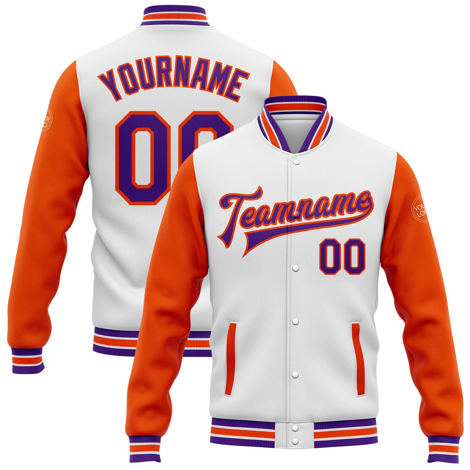 Custom Name and Number Two Tone Bomber Varsity Letterman Jacket - White Purple Orange Personalized White Purple-Orange Bomber
